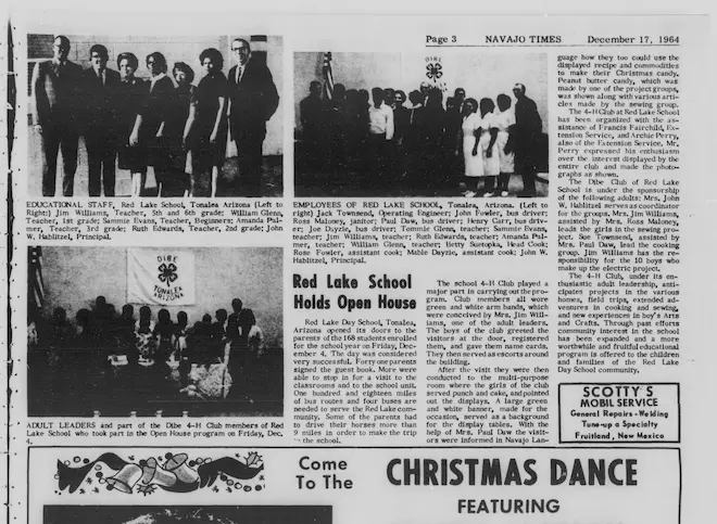 Navajo Times article dated December 12, 1964 regarding Red Lake School Open House